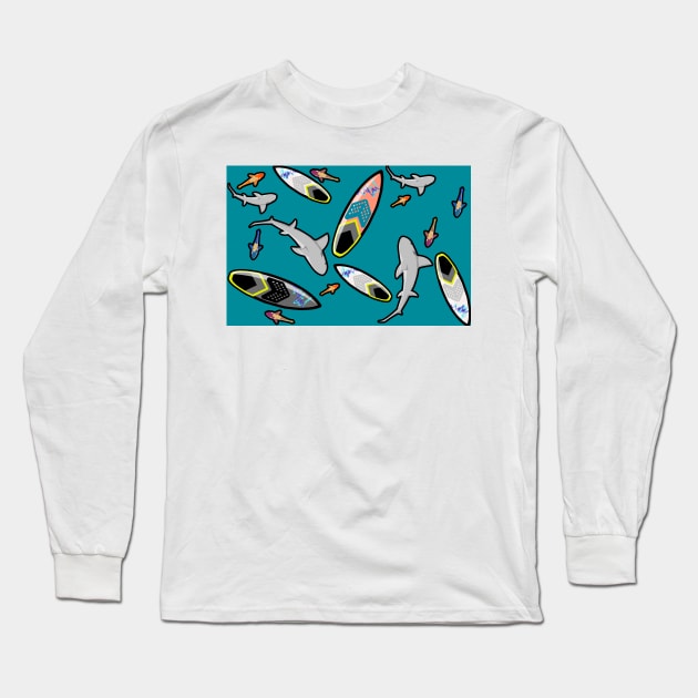 Surfboard Shark Party Long Sleeve T-Shirt by dinomitrondesigns